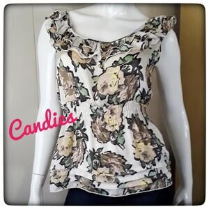 CANDIE'S Floral Cream Blouse Juniors Size M Ruffles Flowers Sleeveless Top